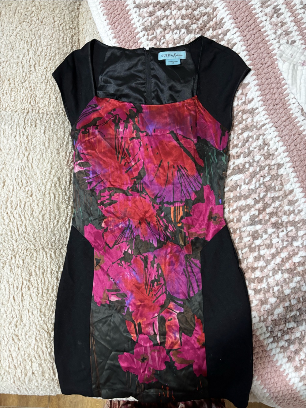 Guess by Marciano Black Mini Dress with Pink and Purple Floral Panel